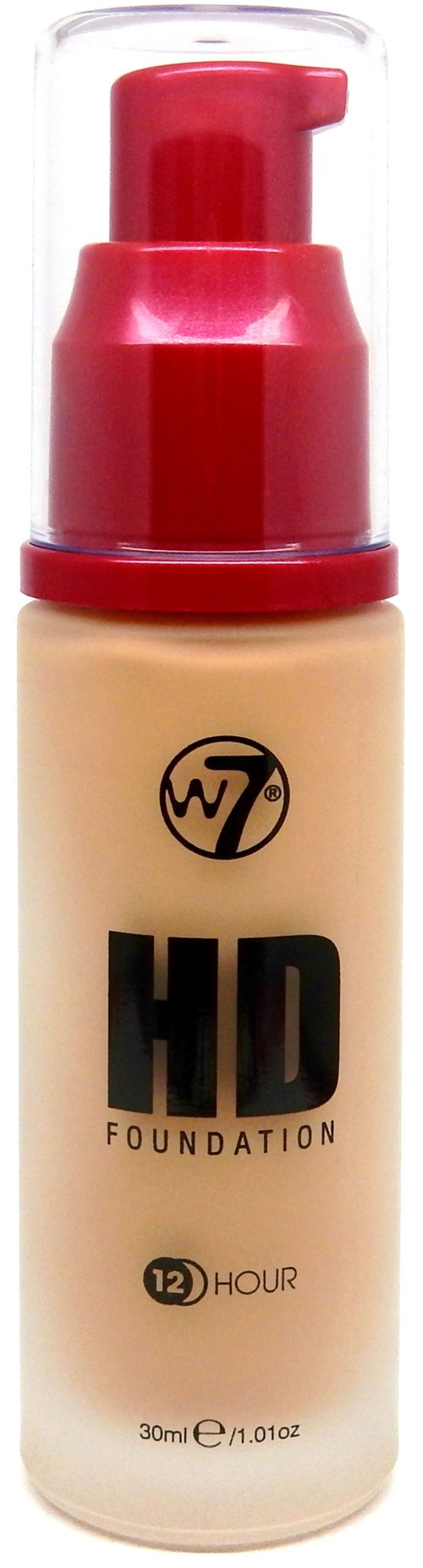 Pullo meikkivoidetta, punainen pumppu ja musta logo, merkinnällä HD Foundation 12 Hour, 30ml.