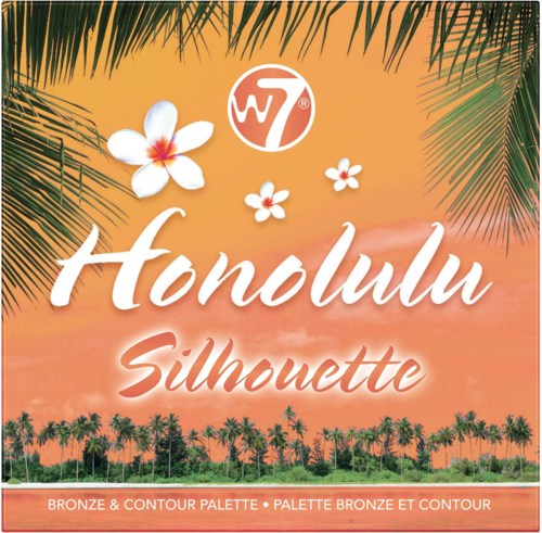 Trooppinen kosmeettisten paletin pakkaus, palmupuita, kukkia ja auringonlasku taustalla, merkinnällä 'Honolulu Silhouette'.