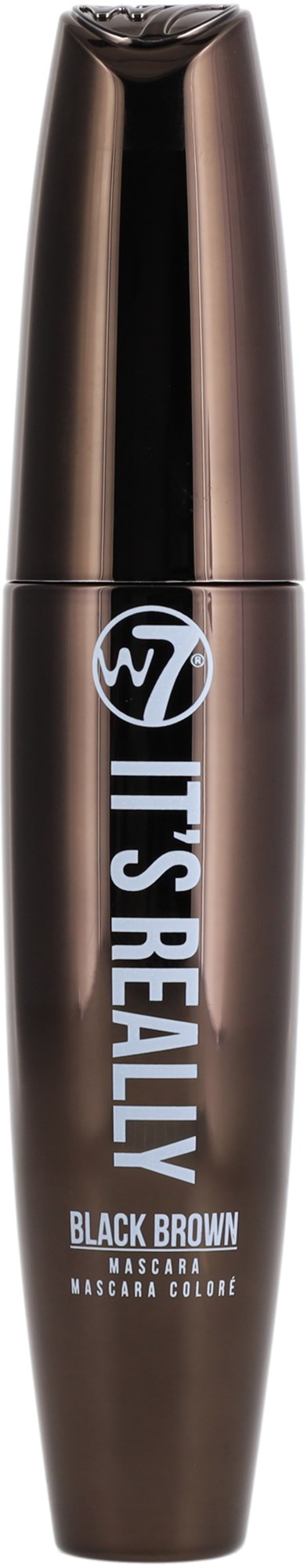Een mascara tube met label It's Really Black Brown, met een strakke zwart-bruin ontwerp en glanzende dop.