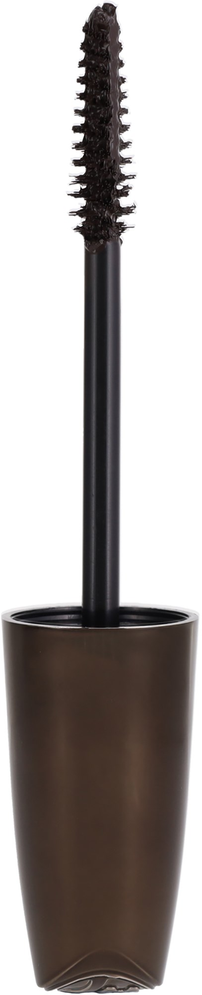 Een mascara-bus met de borstel uitgerold, die zwarte mascara en een bruine container toont.