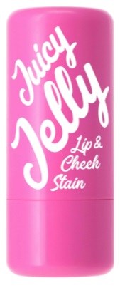 A pink lipstick tube labeled 'Juicy Jelly Lip & Cheek Stain' in white, playful writing.