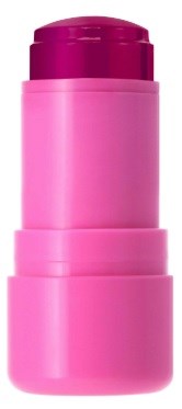 A pink lipstick tube with a purple top, standing upright.