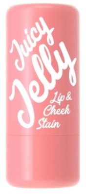 Ein pinker Lippenstift mit weißen Text, der 'Juicy Jelly' und Lip & Cheek Stain sagt.