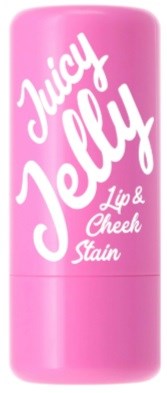 Een roze lippenstift met de woorden "Juicy Jelly" en "Lip & Cheek Stain" in het wit.