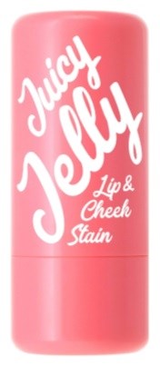 Ein rosa Lippenbalsambehälter mit weißem Text "Juicy Jelly Lip & Cheek Stain."