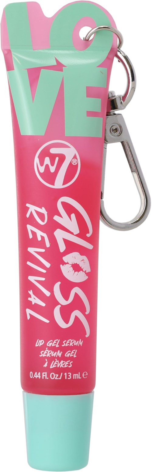 Een roze en mintgroene lipgloss tube met sleutelring, gelabeld Love Gloss Revival.