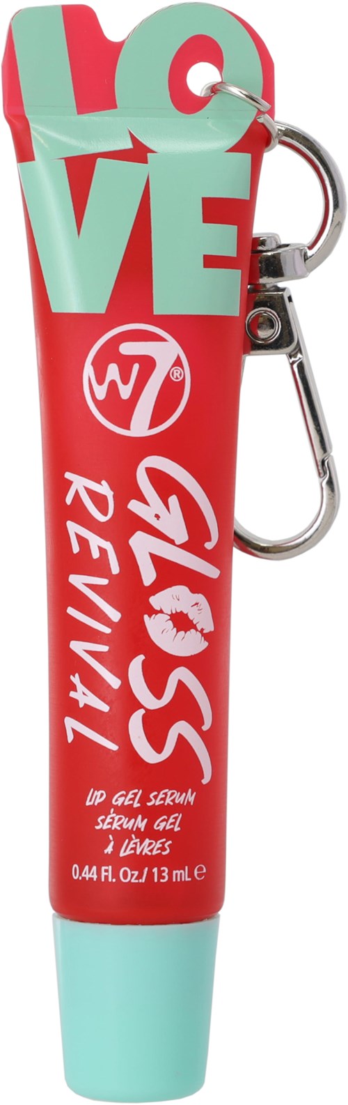 A red and turquoise lip gloss container with the word love and a key ring attached.