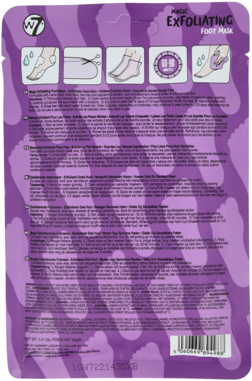 En lila baksida av förpackningen med instruktioner och text för en fotmask. Inkluderar små illustrationer för användarsteg.