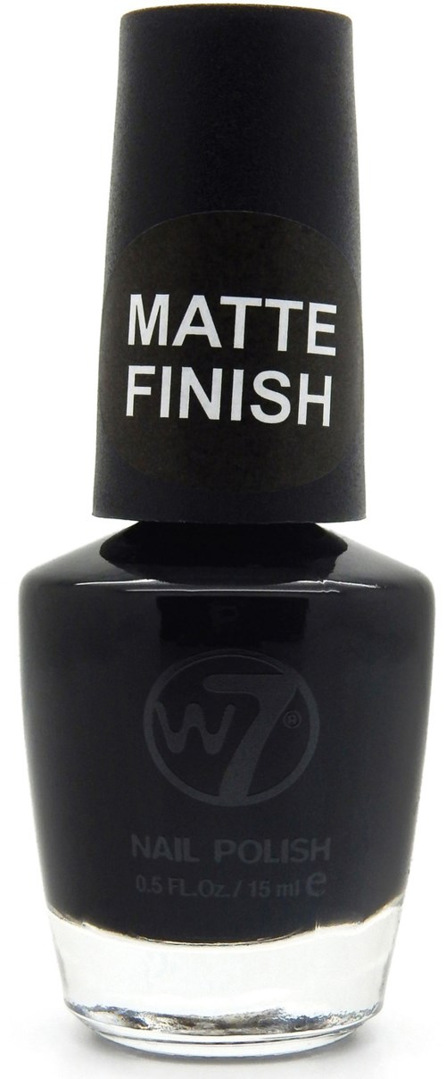 Svart nagellackflaska med etiketten 'MATTE FINISH' på toppen, innehåller 0,5 fl oz nagellack.