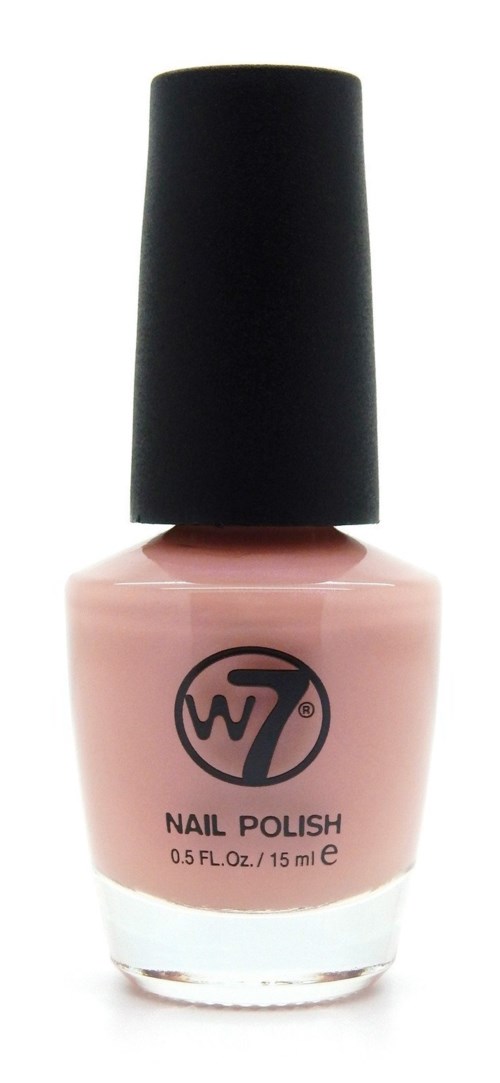 Roze nagellak in klein flesje met zwart deksel en W7-logo.