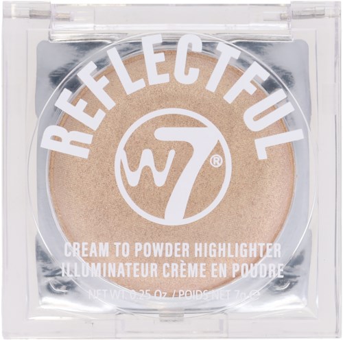 Ein Kompaktpuder-Highlighter namens Reflect mit weißem Text auf klarem Kunststoff.