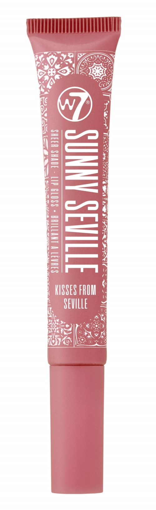 En rosa tube med hvite dekorative mønstre og tekst som sier "SUNNY SEVILLE" og "KISSES FROM SEVILLE."