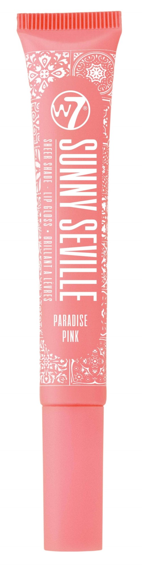 Tuben er rosa med hvit tekst som sier 'Sunny Seville' og 'Paradise Pink' med dekorative mønstre. Den ser ut til å være et kosmetisk produkt.