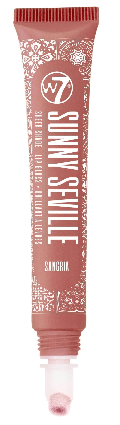 Rosa tube med hvite dekorative mønstre, 'Sunny Sevilla' skrevet vertikalt, og 'Sangria' nederst.