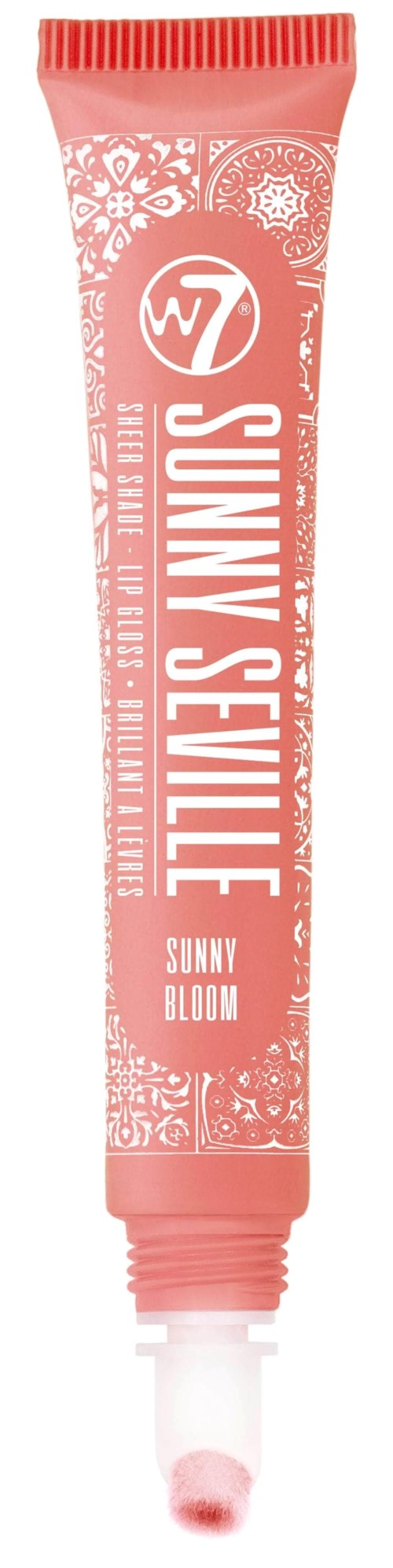 En peachefarget tube med hvit tekst og mønster, merket 'Sunny Seville' og 'Sunny Bloom', har en liten hvit hette.