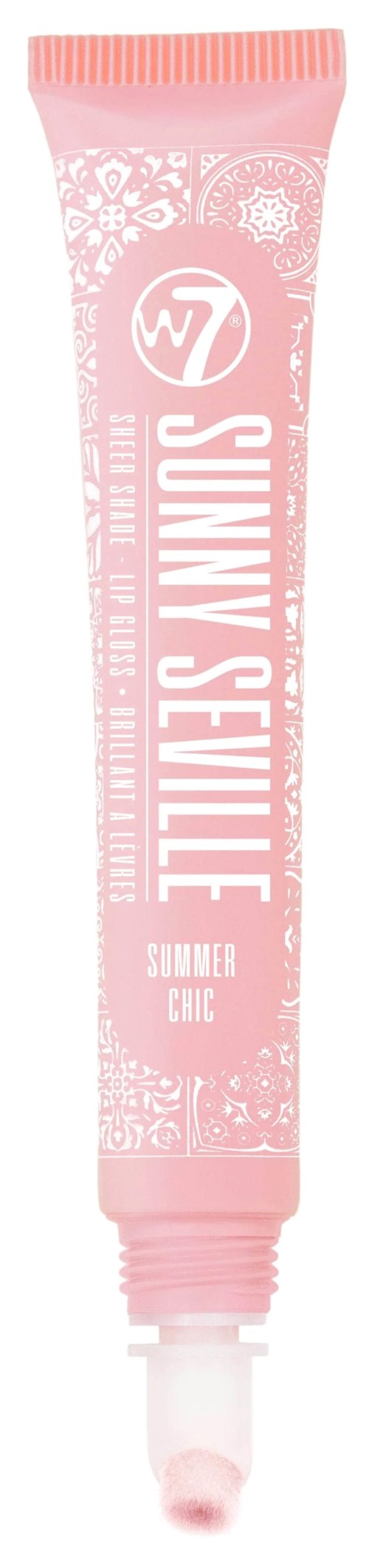 Rosa tube med hvit tekst som sier 'Sunny Seville Summer Chic' og har dekorative mønstre. Det ser ut som en kosmetisk produkt.