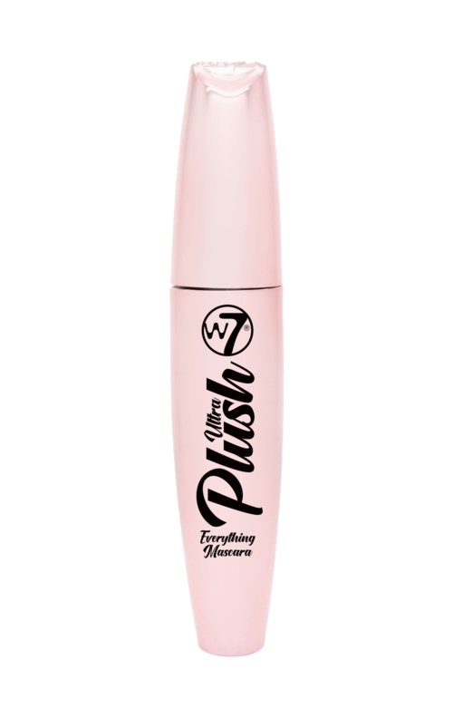 Pink mascara-rør med svart tekst og logo, merket 'Plus' og 'Everything Mascara'.