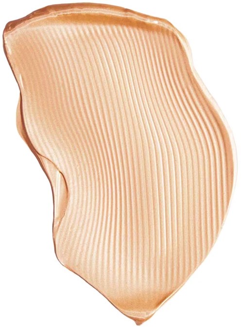 En beige sminkgrund med parallella linjer, oregelbunden form och lätt glans.