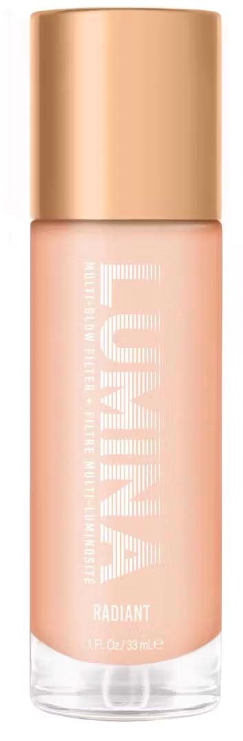 En liten flaska av LUMINA Radiant flytande makeup med guldkork och rosa-beige kropp.
