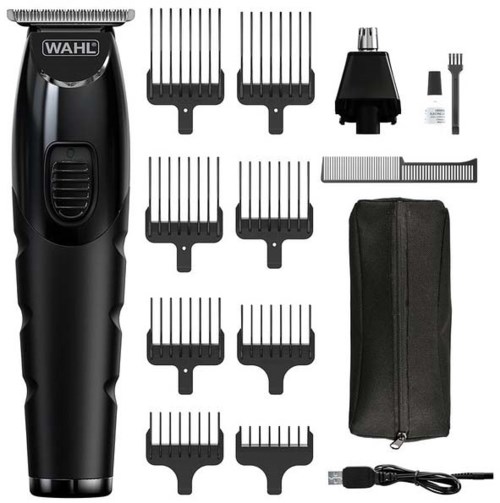 Electric hair trimmer with multiple attachment heads, a power adapter, and a carrying case.