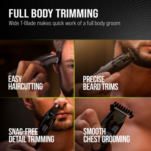 This is a diagram showing a grooming device for hair, beard, and chest with features like easy trimming and smooth grooming.