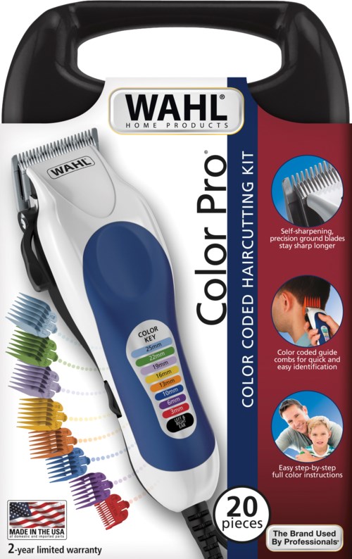 A hair cutting kit with white and blue electric clipper and colorful guide combs, packaged in a handle box.