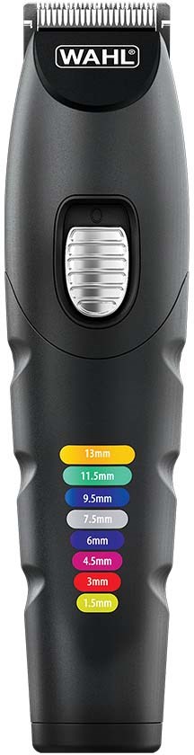 Electric hair clipper with color-coded guides for different hair lengths and a gray handle.