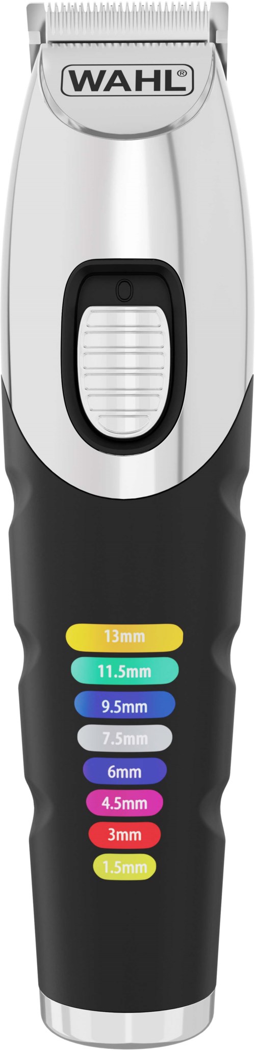 A Wahl electric clipper with a power switch and colored labels indicating blade sizes from 1.5mm to 13mm.
