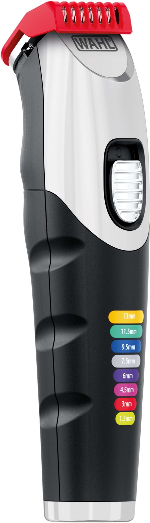 A hair trimmer with multiple color-coded attachment sizes, a red top, and ergonomic grip.