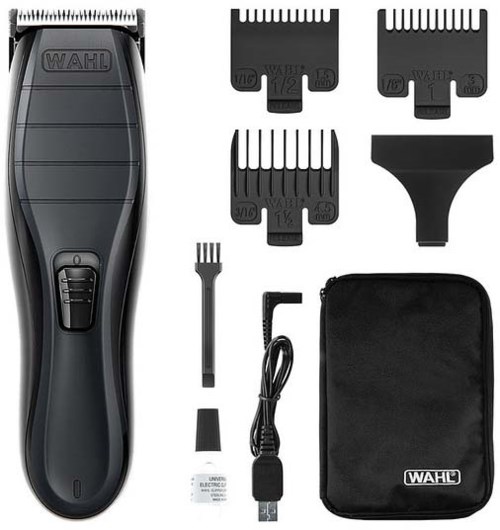 Electric shaver with attachments, cleaning brush, charging cable, oil, small bag, and different blade heads included.