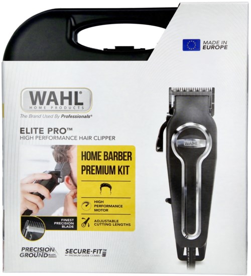 A hair clipper with a black handle and silver blades, decorated with labels like 'Elite Pro' and 'Home Barber Kit.'