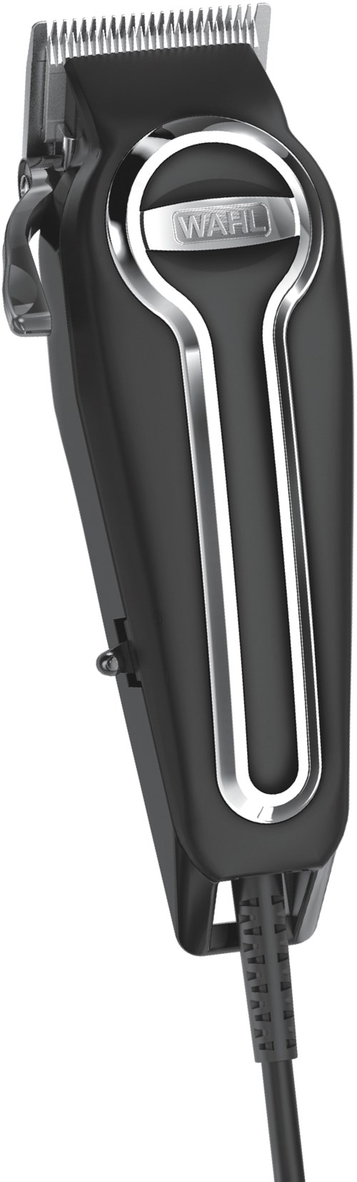 It is a black electric hair trimmer with a glowing white line and a small charging cable.