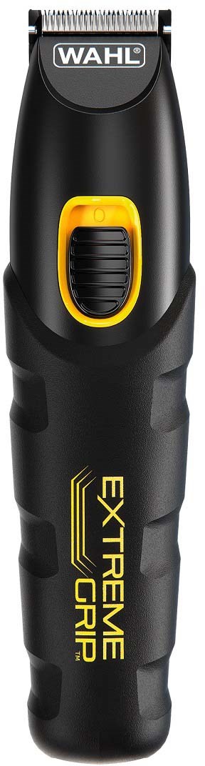 A handheld electric hair clipper with a black body, yellow control button, and the words "EXTREME GRIP" on it.