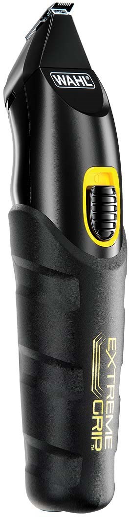 Electric grooming trimmer with a black body, yellow control button, and branding on it.
