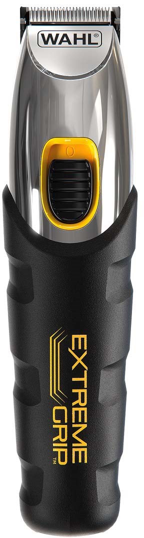 A handheld electric hair clipper with black and yellow highlights, labeled 'Extreme Grip,' made by Wahl.