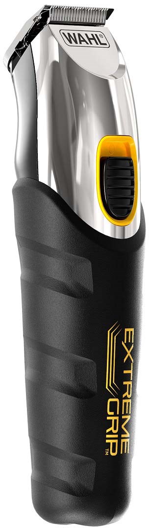 A cordless electric hair trimmer with a black and yellow handle, metal blades, and brand name WAHL on top.