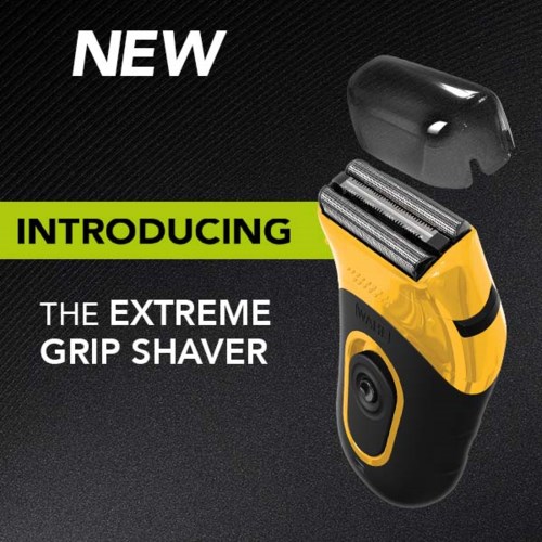 A new yellow and black electric shaver with a detachable head and a black cover, advertised as the extreme grip shaver.