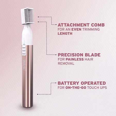 A small electric trimmer with a comb, blade, and battery button for easy hair trimming.