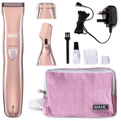 A set of grooming tools includes a pink electric trimmer, charger, combs, a bag, and other accessories.