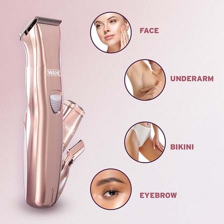 A beauty device for face, underarm, bikini, and eyebrow hair removal shown with labels for each area.