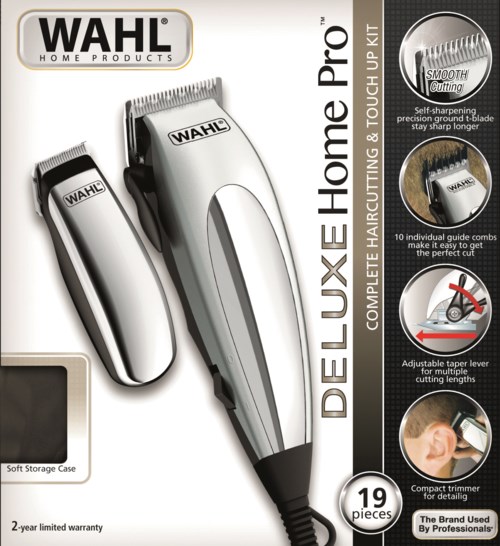 A hair cutting kit with a trimmer, accessories, and guide combs in a package, emphasizing ease and precision grooming.