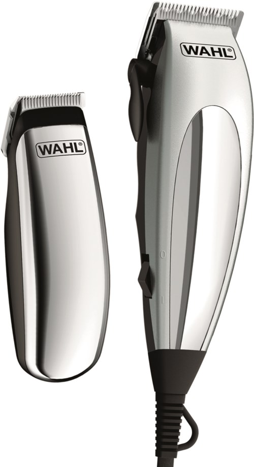 Two Wahl electric trimmers, one small and one large, with silver and black designs.