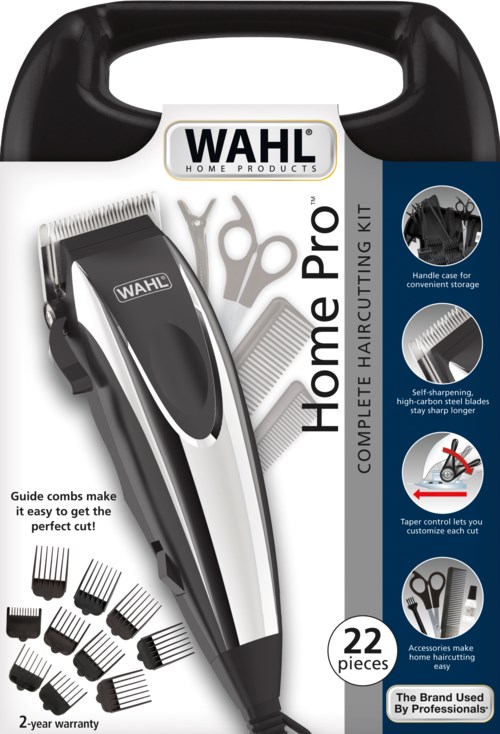 A home hair cutting kit with electric trimmer, scissors, combs, and accessories for grooming at home.