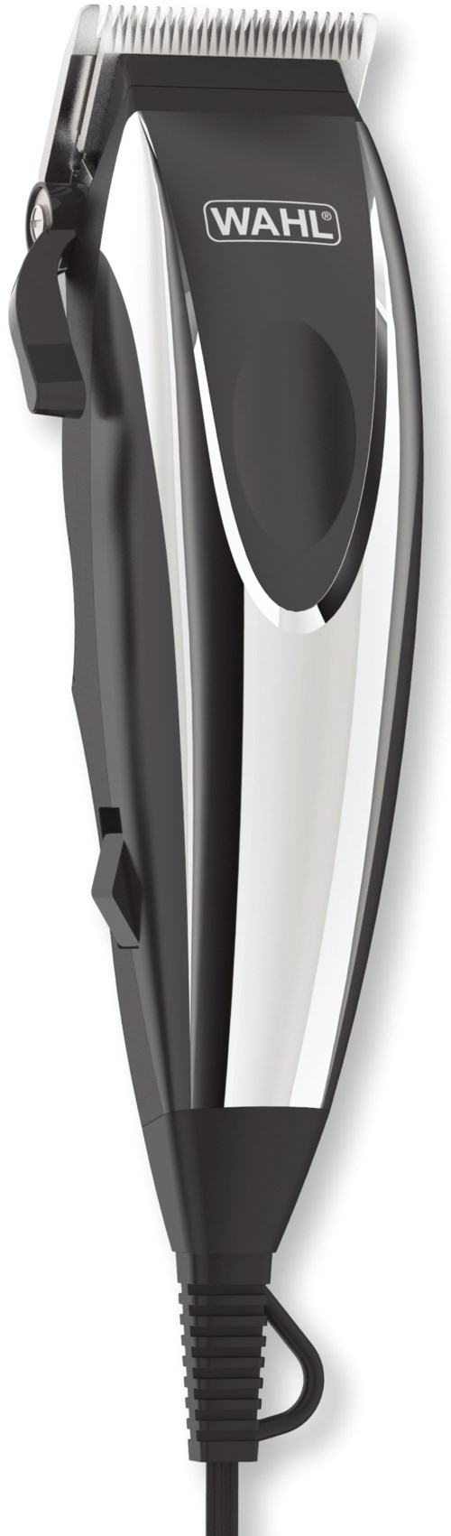 A hair trimmer with a black and silver body, side in a vertical position, branded WAHL, with a power cord and adjustable blades.