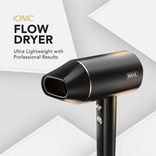 A black and gold ionic flow dryer with a sleek design, labeled for professional use, on a modern background.