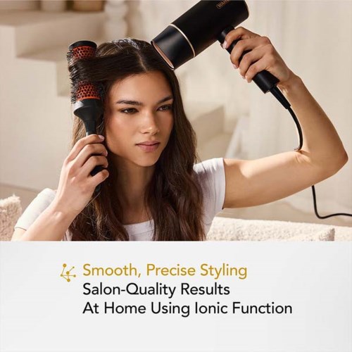 A woman rollers her hair while using a hairdryer, with text about styling and salon-quality results at home.