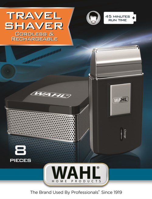 A portable, rechargeable travel shaver with eight pieces, a digital display, and a quick 45-minute charge time.