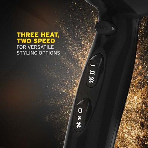 A black curling iron with three heat settings and two speed options for styling.