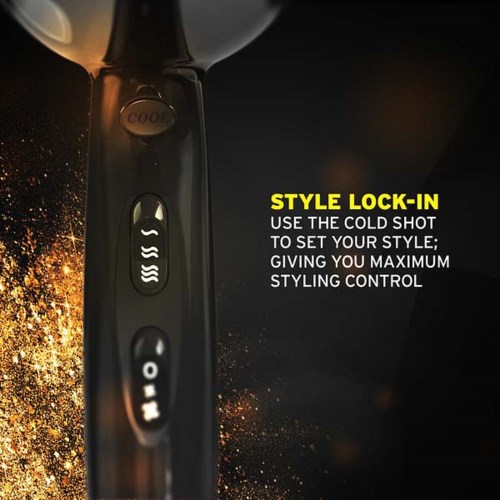 A styling device with buttons for cold shot, styling control, and cool settings for hair styling. Contains text about style lock-in.