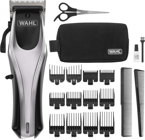 A hair clipper set with blades, scissors, combs, a black pouch, and oil for maintenance.